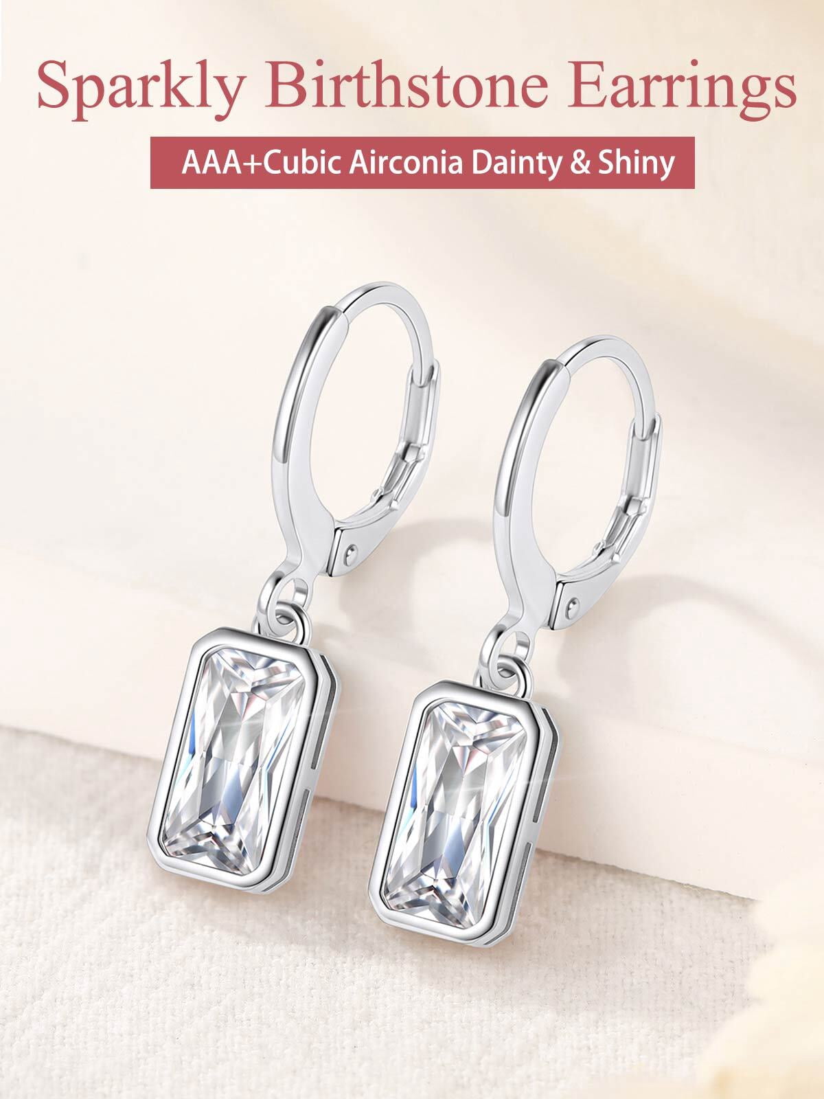 FOCALOOK Birthstone Dangle Hoop Earrings for Women Sterling Silver Square Cubic Zirconia April Created Diamond Leverback Huggie Drop Earrings Birthday Valentines Day Jewelry Gift