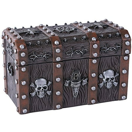 - Handpainted Resin Weathered Metal/Wood-Look Mini Pirate Skull Treasure Chest