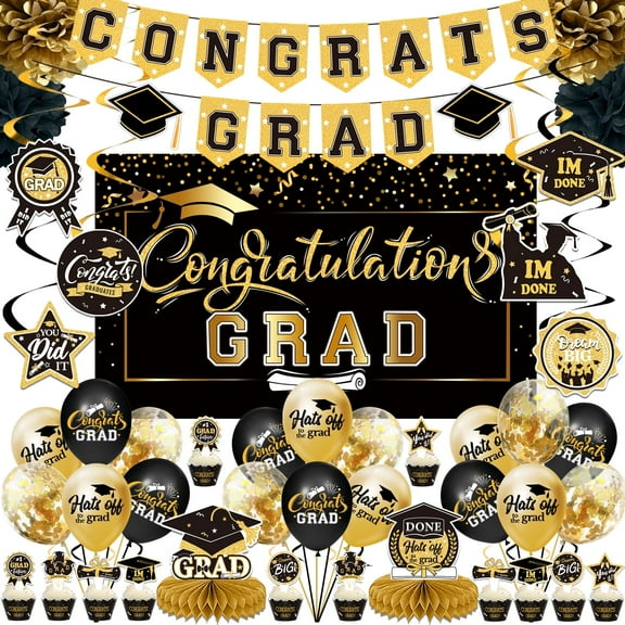 Graduation Decorations 2025 -Congrats Grad Banner Backdrop Flag,Hanging Swirl Balloons & Honeycomb Kit-Graduation Party Supplies for Class of 2025 High School & College Celebrations (Black)) 