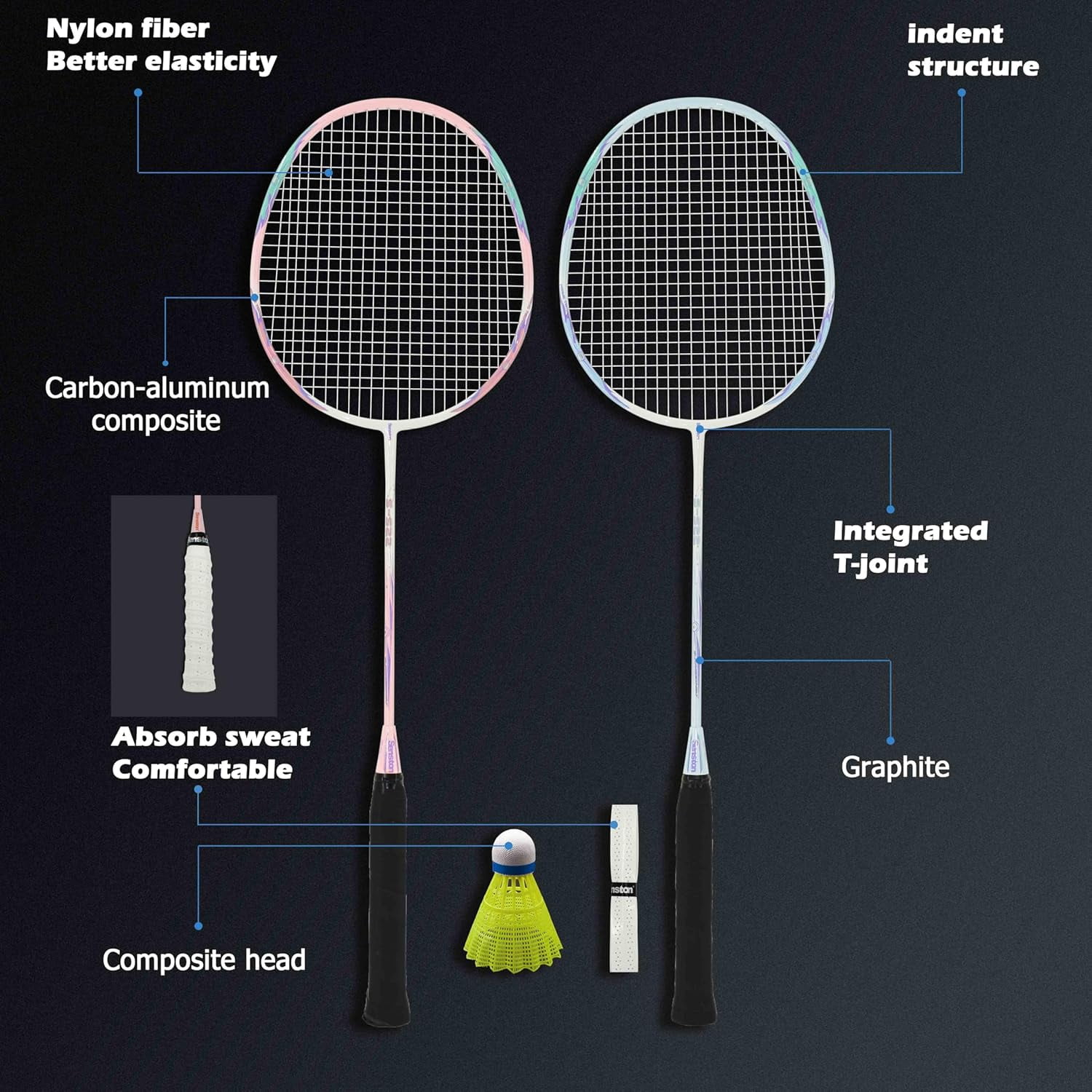 Senston Badminton Rackets Set of 2, Graphite Shaft Badminton Racquets Including Badminton Bag, 2 Badminton Shuttlecock Pink and blue