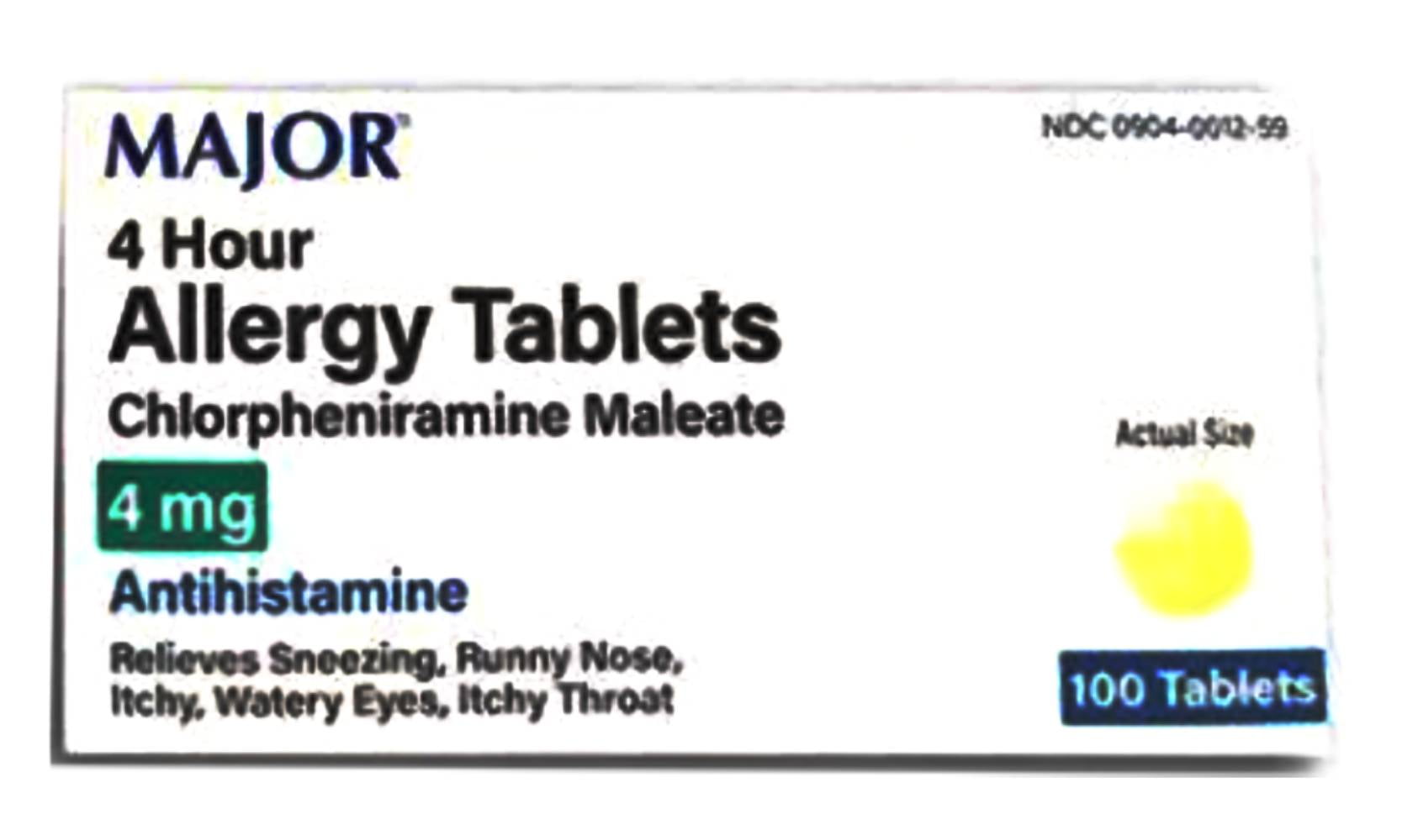 Major 4Hour Allergy 100 Ea 4mg Tablet Form , Antihistamine OTC