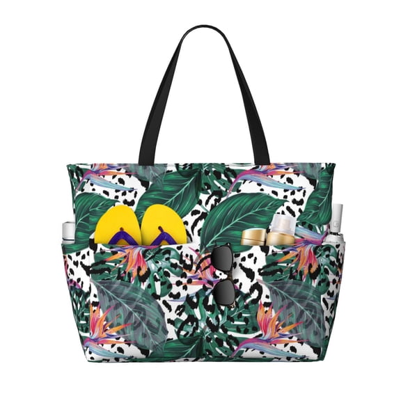 Disketp Tropical Leaves Large Capacity Beach Bag, Waterproof Sandproof Beach Swim Pool Bag Tote Bag for Women