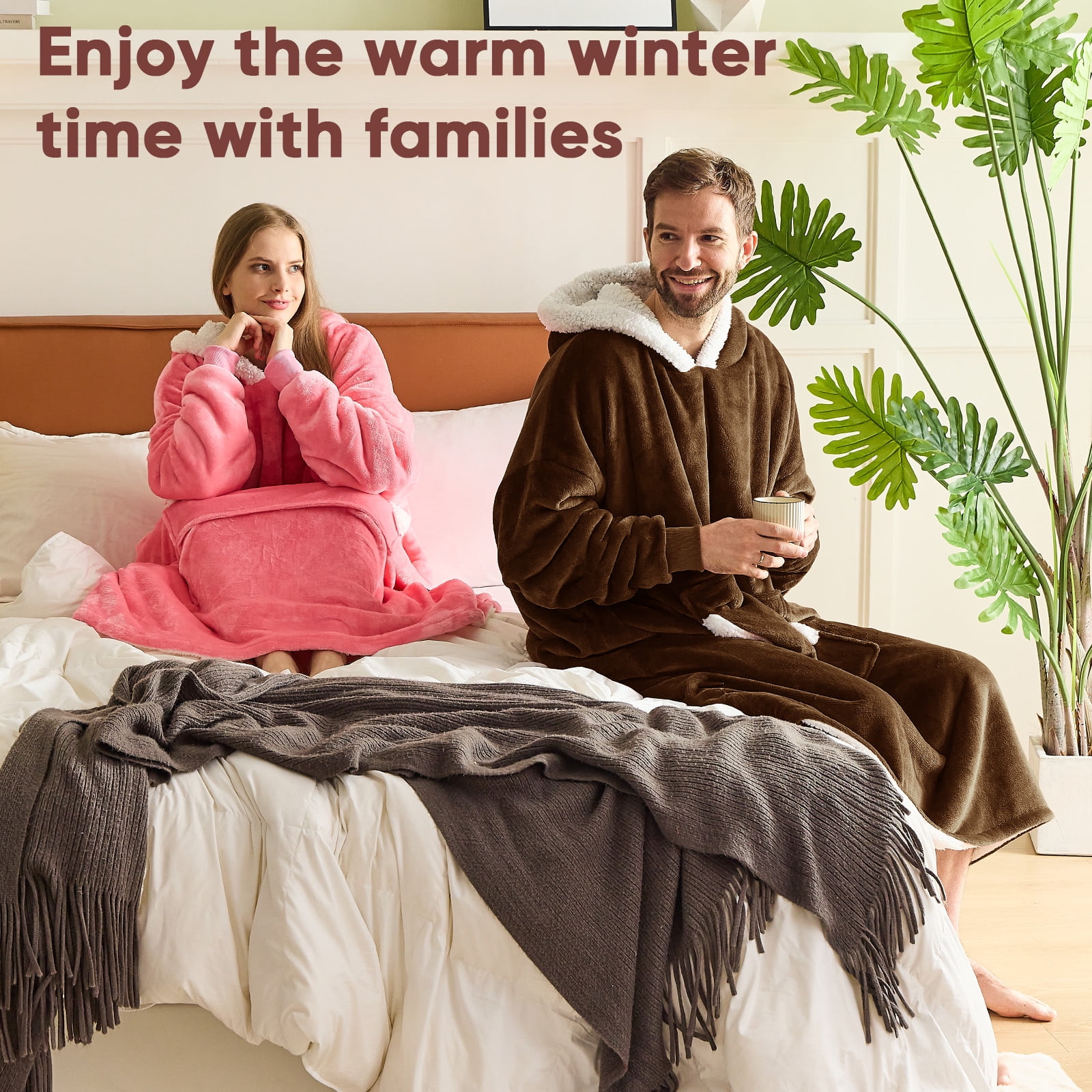 PMONPA Wearable Blanket Hoodie, Flannel Sherpa Fleece, Warm and Cozy Giant Sweatshirt for Adult, Woman and Man, One Size Fits All (Brown)