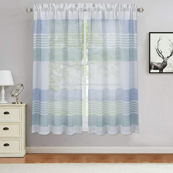 Haperlare 27"W x 24"L Sheer Tier Curtains for Kitchen Farmhouse Splicing Striped Cafe Curtains Linen Textured Half Window Curtain for Bathroom, Aqua/Blue, Set of 2