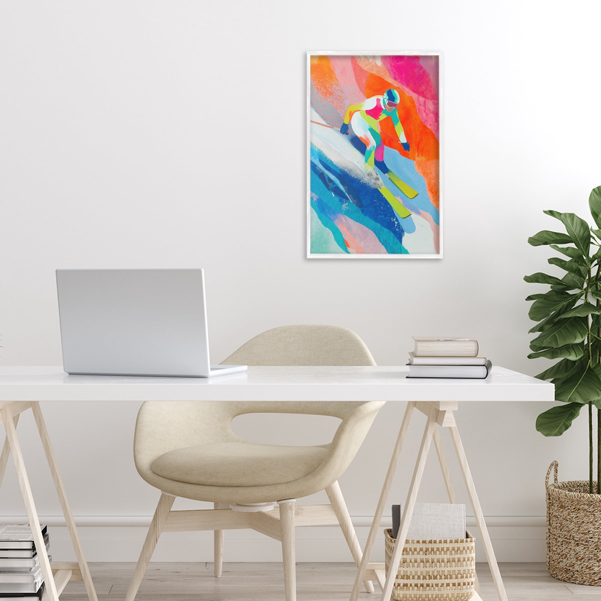 Stupell Industries Skiing Down Neon Slopes White Framed Giclee Art, design by Chromatic Storm Studio