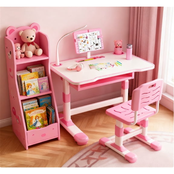 Dapmiu Kids Study Desk Chair Set with Adjustable Height, Tiltable Reading Stand & Eye-Friendly LED Lamp Pink
