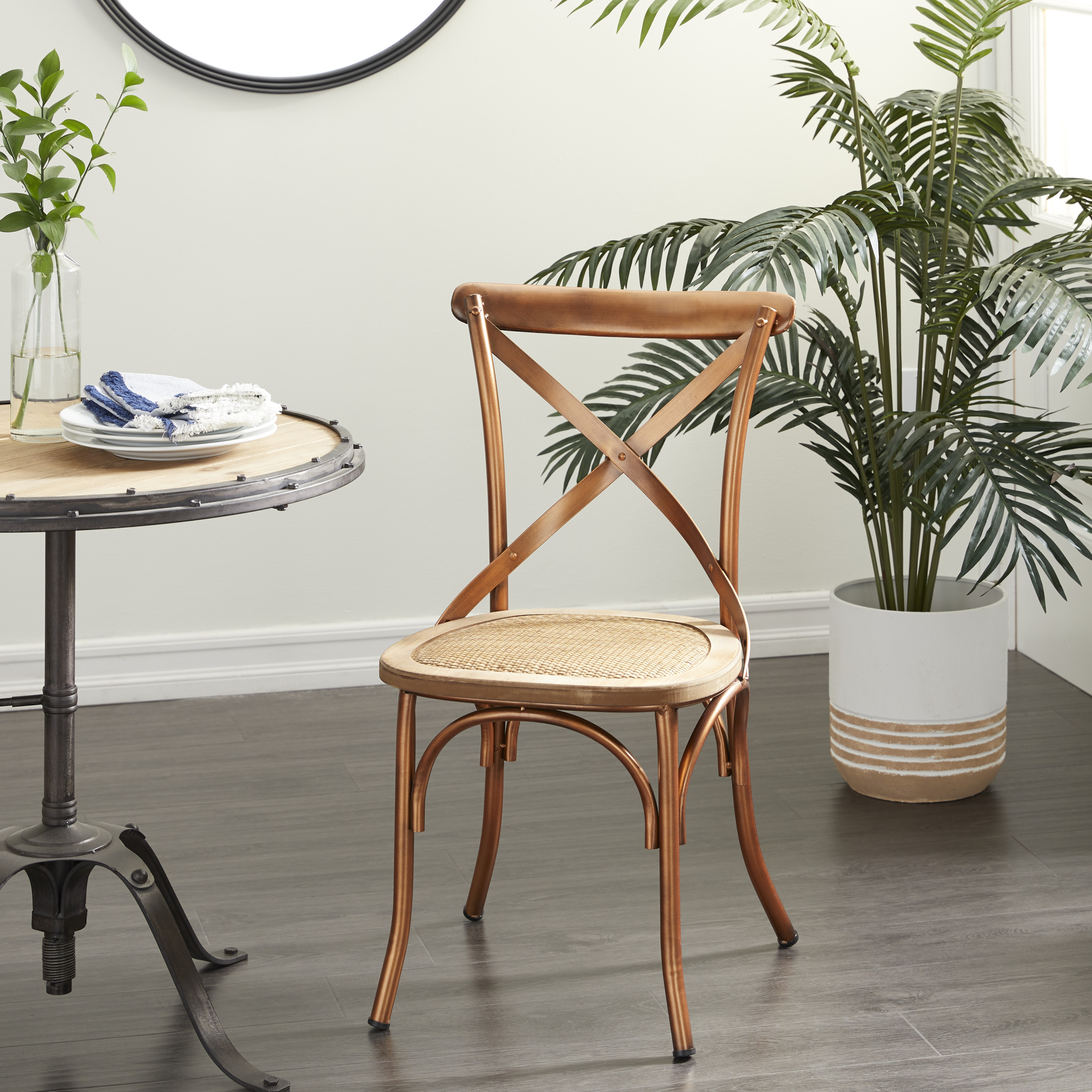 DecMode Metal Dining Chair with Brown Rattan Seat, Set of 2, Copper