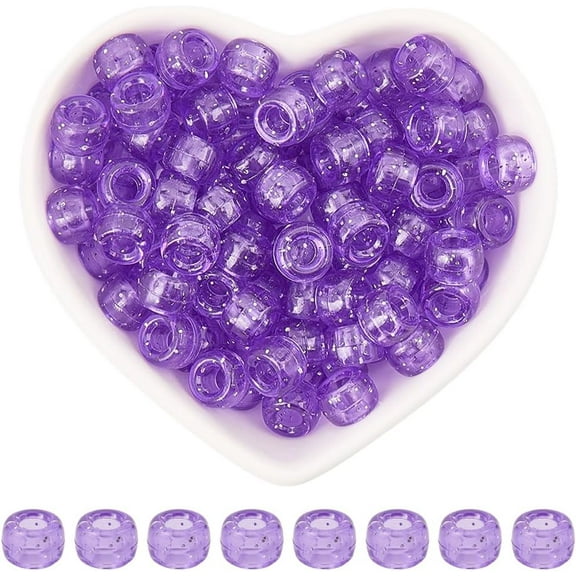 1 Box 500Pcs Glitter Purple Pony Beads 6 x 9mm Pony Beads Plastic Large Hole Kandi Charms Sparkling Barrel Spacers Accessories for Jewelry Making Supplies DIY Crafts Bracelets Hair Braids