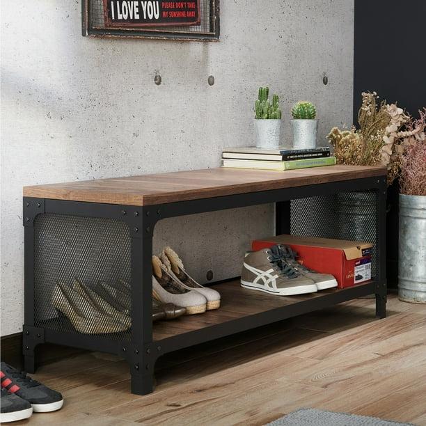 Furniture Of America Maua Rustic Oak Metal Storage Entryway Bench