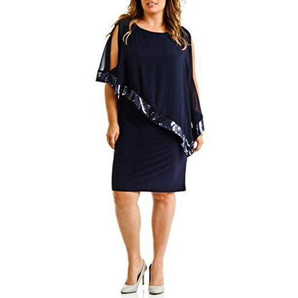R&M Richards - RM Richards Women's Plus Size Draped Chiffon Sleeve Overlay Sequin Party Dress