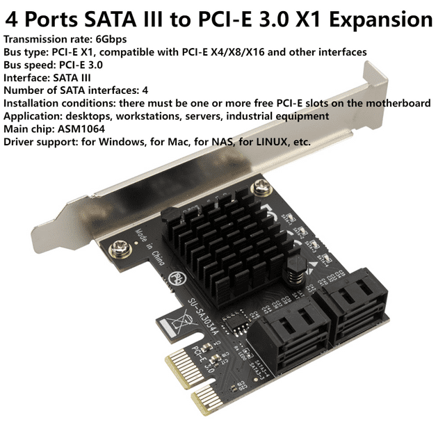 2/4/16 Ports SATA III PCIe Expansion Card 6Gbps SATA 3.0 to PCI-e 1X 4X 8X 16X PCI Express Adapter Card Support Win8 Win10 Linux 4 Ports PCIE X1