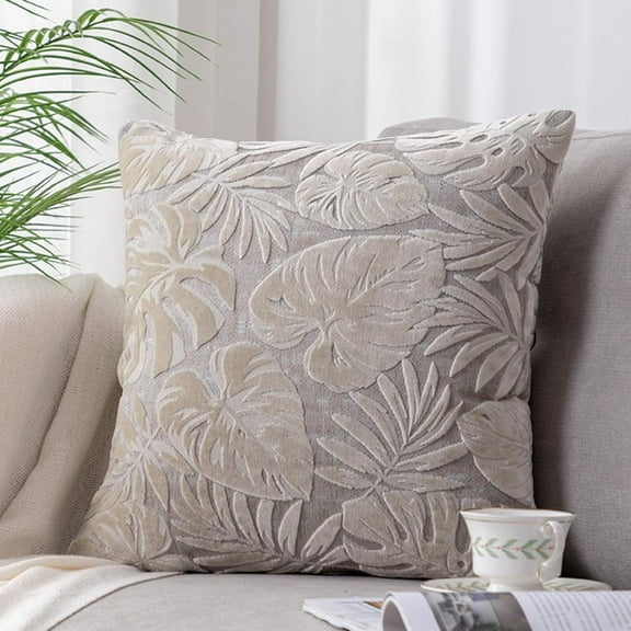 Nvzi Square Tropical Leaves Throw Pillow Cover Leaf Cut Velvet Decorative Cushion Case Luxury Modern Accent Pillow Cover for Sofa Couch Living Room (Beige,18"x18")