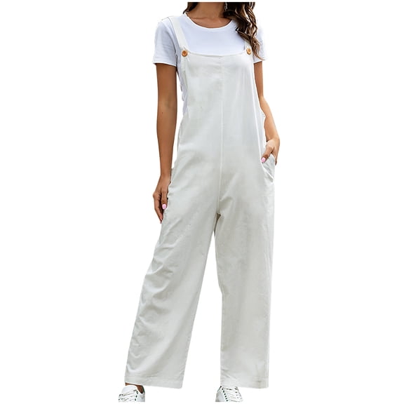 Rbaofujie Women's Casual Overalls Summer Shorts Cotton Linen Jumpsuits Rompers with Pockets White