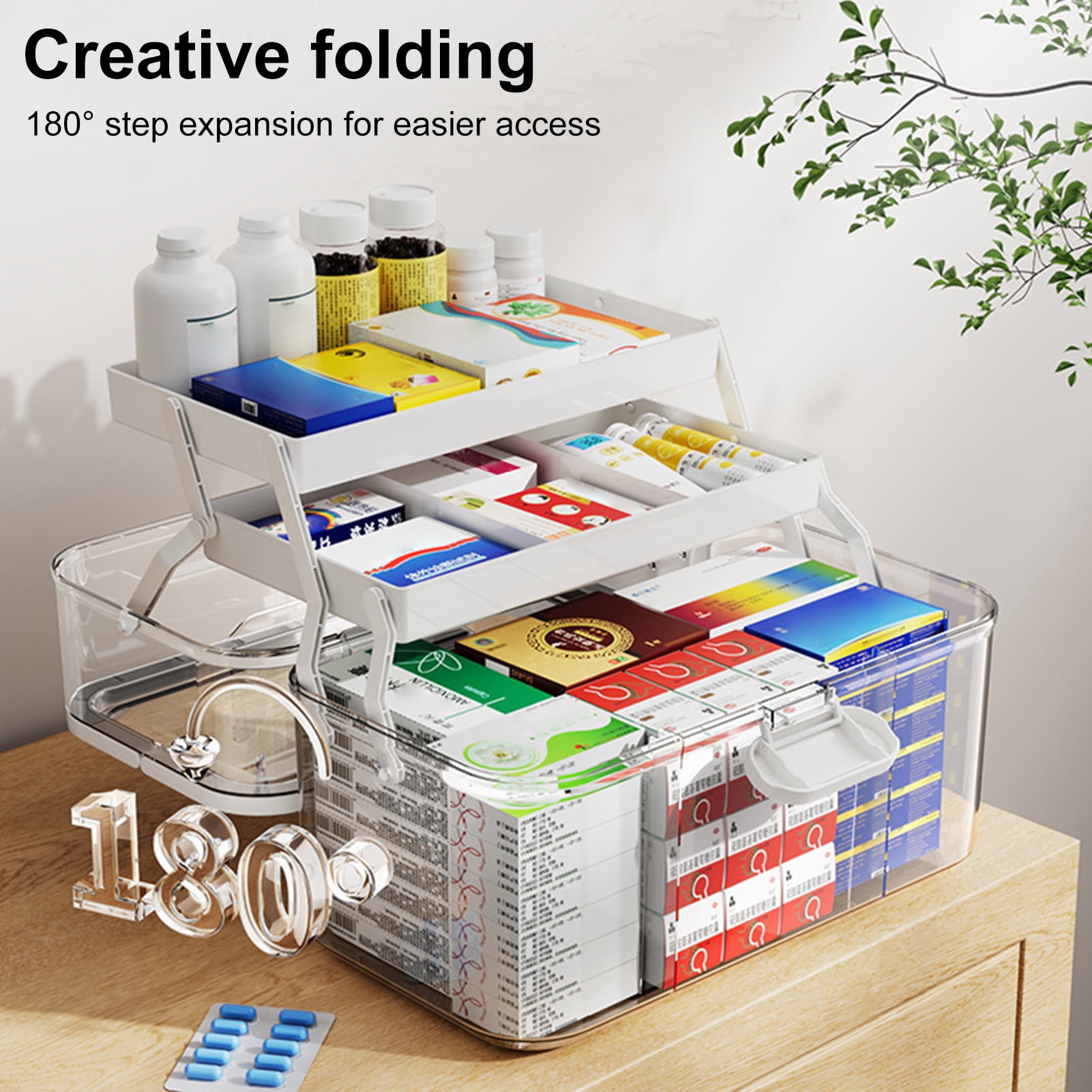 OIUR 3-Tier Portable Medicine Storage Box Large Capacity Dustproof Transparent Visual Design Multipurpose Pill Organizer