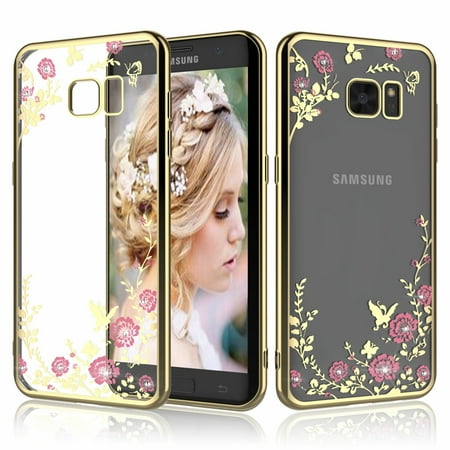 Case For Samsung Galaxy S9 / S9 Plus / S8 / S8 Plus / S7 / S7 Edge, Tekcoo [Tflower] Retro Flower Pattern Slim Transparent Sparkle Glitter TPU Bumper Case (Best Slim Case For S8)