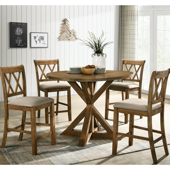 Counter Height Dining , Tan - With 4 Seater Chair 5 Table Cross-buck Pedestal Base, Linen Upholstered Chairs