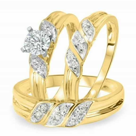 Hitanshu Jewels 3CT Round Cut CZ 14K Two-Tone Gold Plated Wedding Trio Ring Set