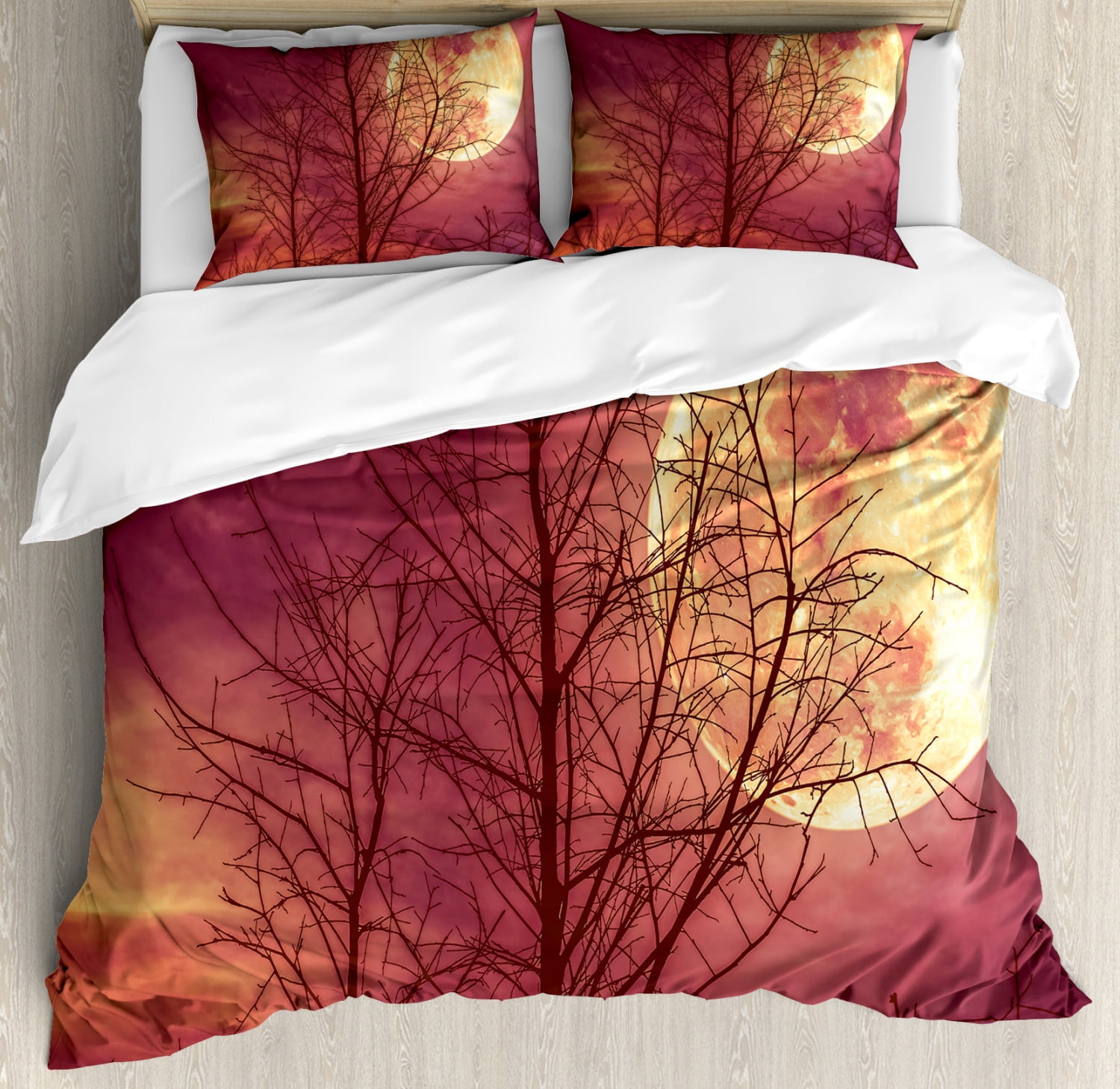 Dark Red King Size Duvet Cover Set Night Sky Super Moon Behind