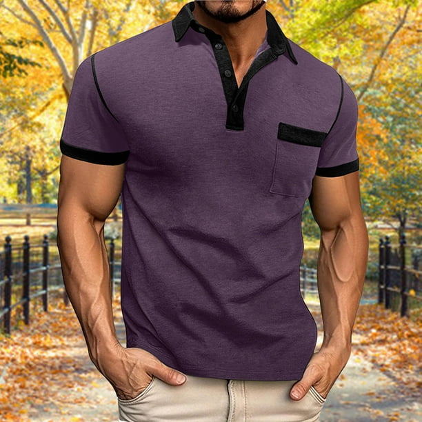 Blusa y camisa de manga corta con cuello vuelto para hombre, estilo casual, de color liso, con solapa, mangas, cuello redondo, botones y bolsillo.