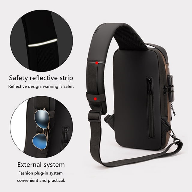 Bolso de pecho para hombre, antirrobo, puerto de carga USB, bandolera de cuero deportivo (marrón)