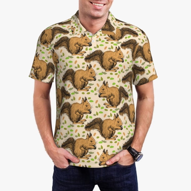 Fotbe Cute Squirrel with Green Leaves Camiseta Polo de Golf para Hombre con Estampado – Camisa Deportiva Transpirable con Cuello Abotonado-Small