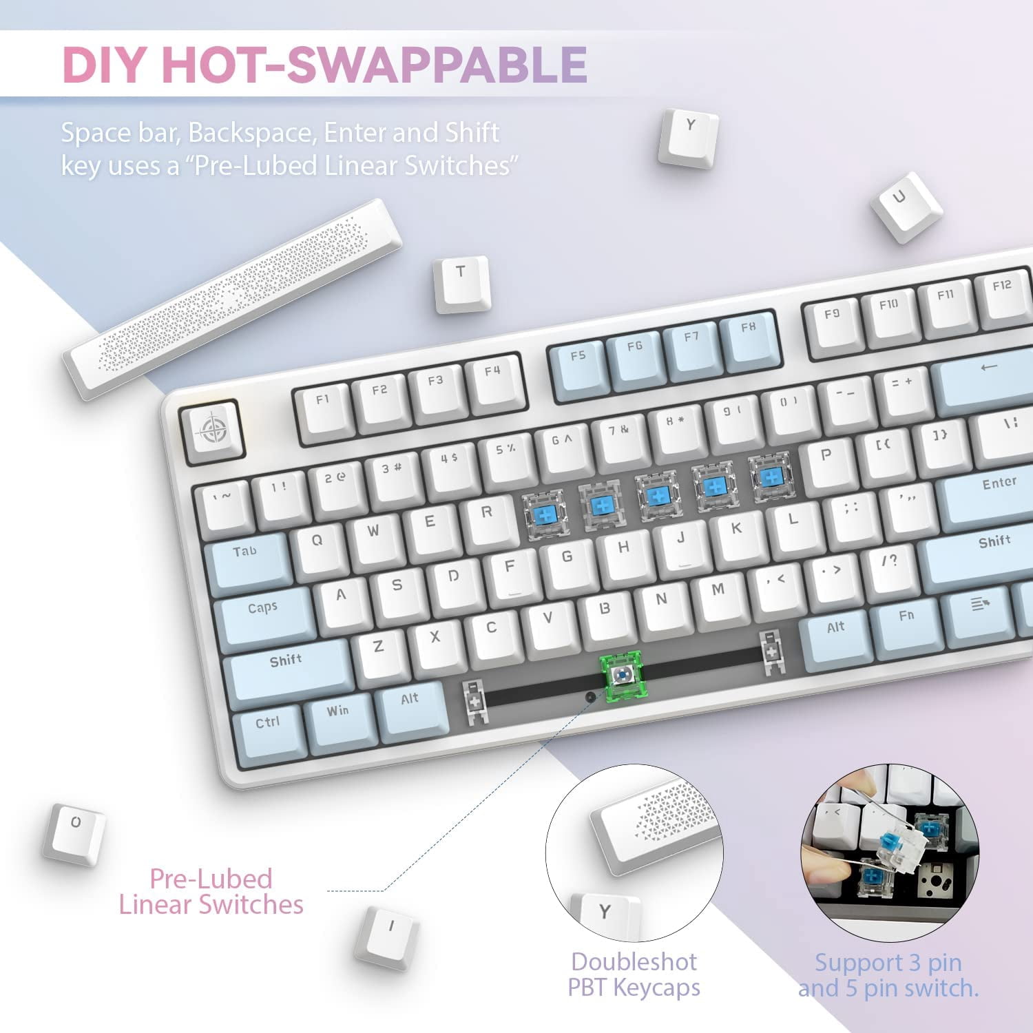 Lexontech AK873 Wired 87 Key TKL Mechanical Gaming Keyboard with Rainbow Backlit Hot-swap Tactile Blue Switch NKRO Gasket Ergonomic Wrist Rest Custom Coiled Aviator Cable for PC/Mac/PS4 Gamer