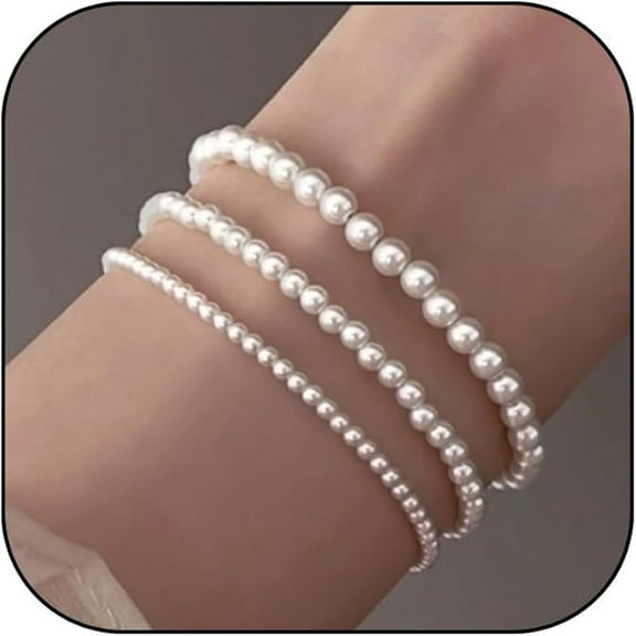 Knubmt 3 Pcs White Pearl Stretch Braclet Faux Pearl Bracelets Elastic for Women, 4 6 8mm