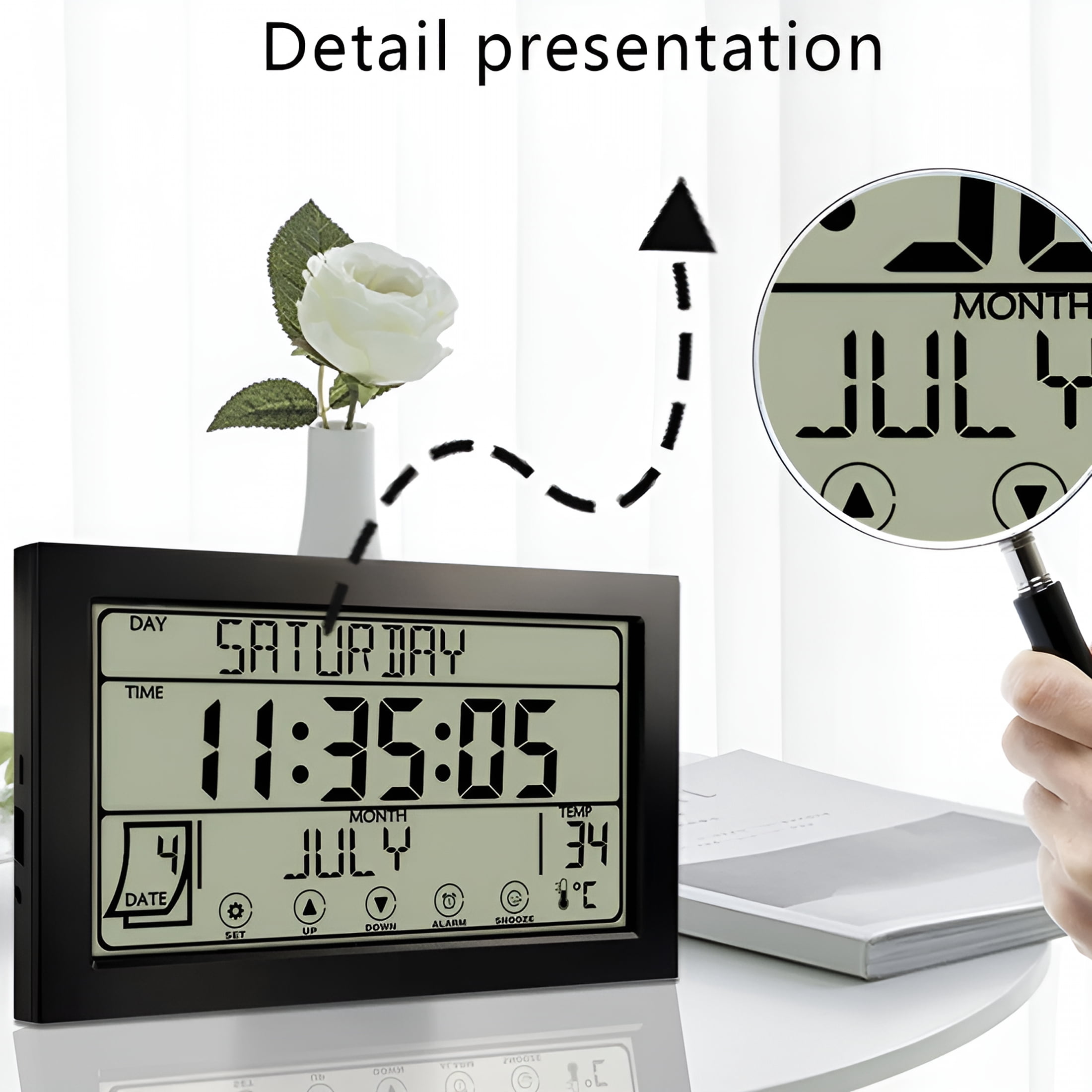 DESIGNICE 2026 New Auto Set Digital Wall Clock Battery Operated,Digital Wall Calendar,Desk Clocks with Temperature,Humidity,Display Digital Calendar Alarm Clock for Elderly,Bedroom,Office,Black
