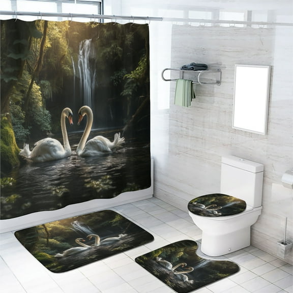 White Swans 4 Pieces Shower Curtain Set with Non-Slip Rug Waterfall Lake River Natural Scenery Bath Curtain for Bathroom Waterproof Fabric Bathroom Decor Set, 72x72 Inch