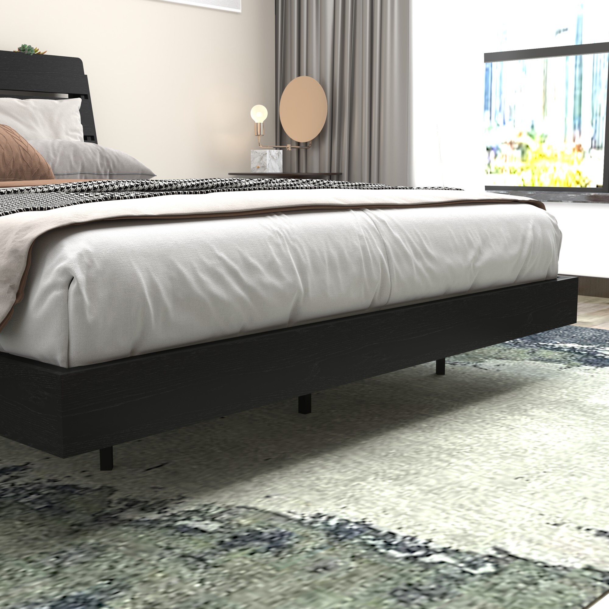 AENKYO Floating Design Queen Bed Frame with LED Lights, Foldable Tabletops, Storage Headboard with USB Charging, Black