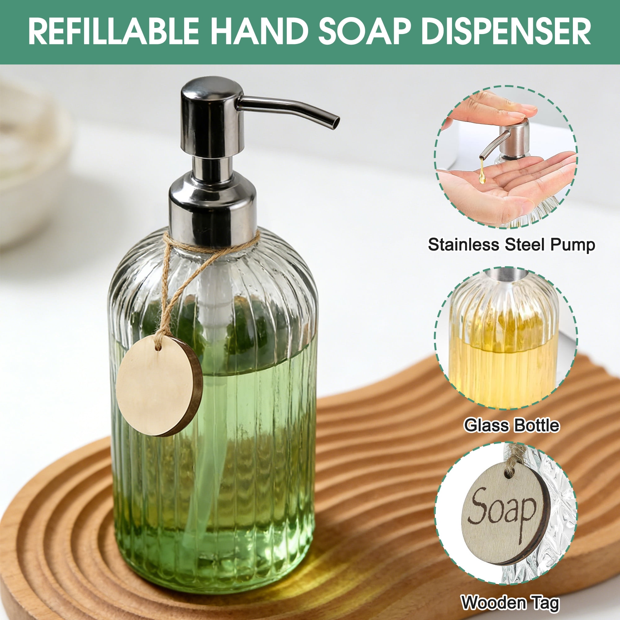 2 Pack Glass Soap Dispenser with Rust Proof Stainless Steel Pump, Refillable Hand Soap Dispenser with Vertical Stripe, Elegant Hand Soap Dispenser for Bathroom & Kitchen