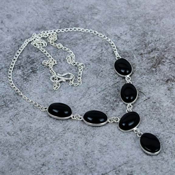 Black Onyx Gemstone Handmade 925 Sterling Silver Jewelry Necklace 18"