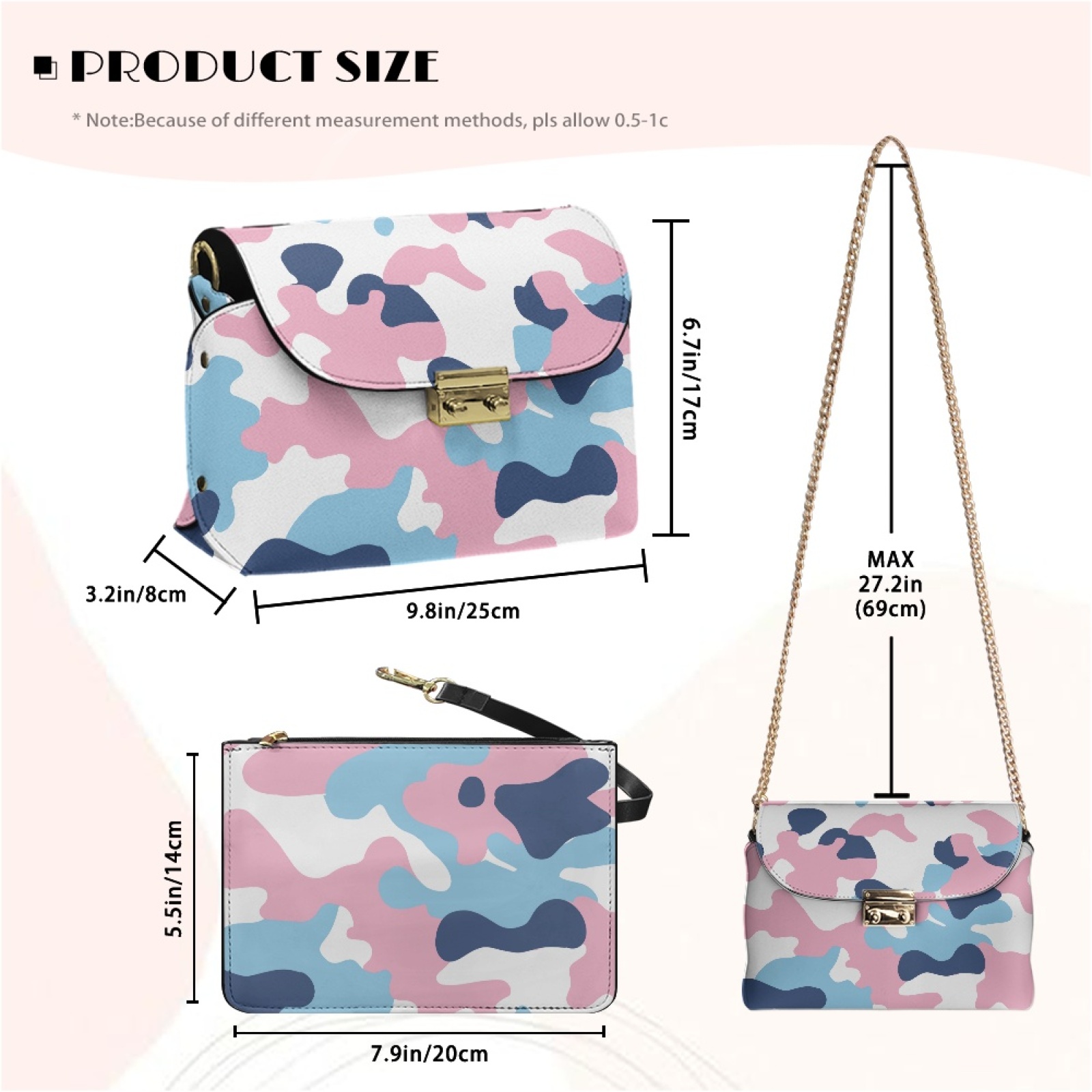 SCRAWLGOD Camouflage Pink Blue White Small Crossbody Bags for Women, Fashion Stain Resistant Cell Phone Purse, Mini Travel Purse with Detachable Chain, Casual Crossbody Handbags