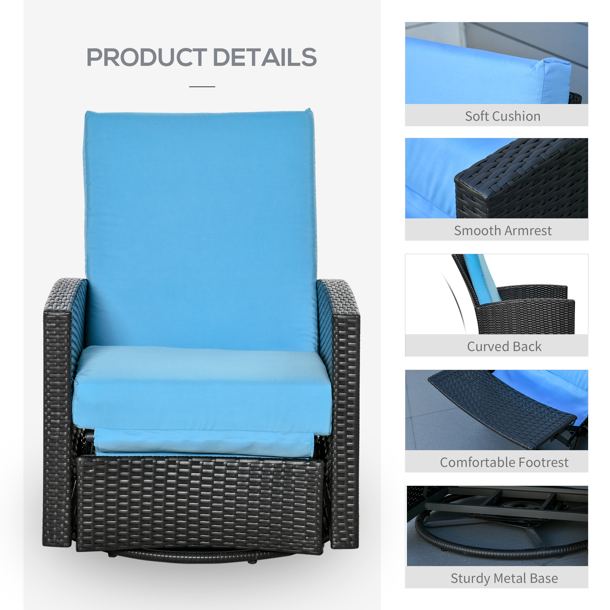Outsunny Outdoor Wicker Swivel Recliner Chair, Reclining Backrest, Lifting Footrest, 360Â° Rotating Basic, Water Resistant Cushions for Patio, Light Blue - image 3 of 9
