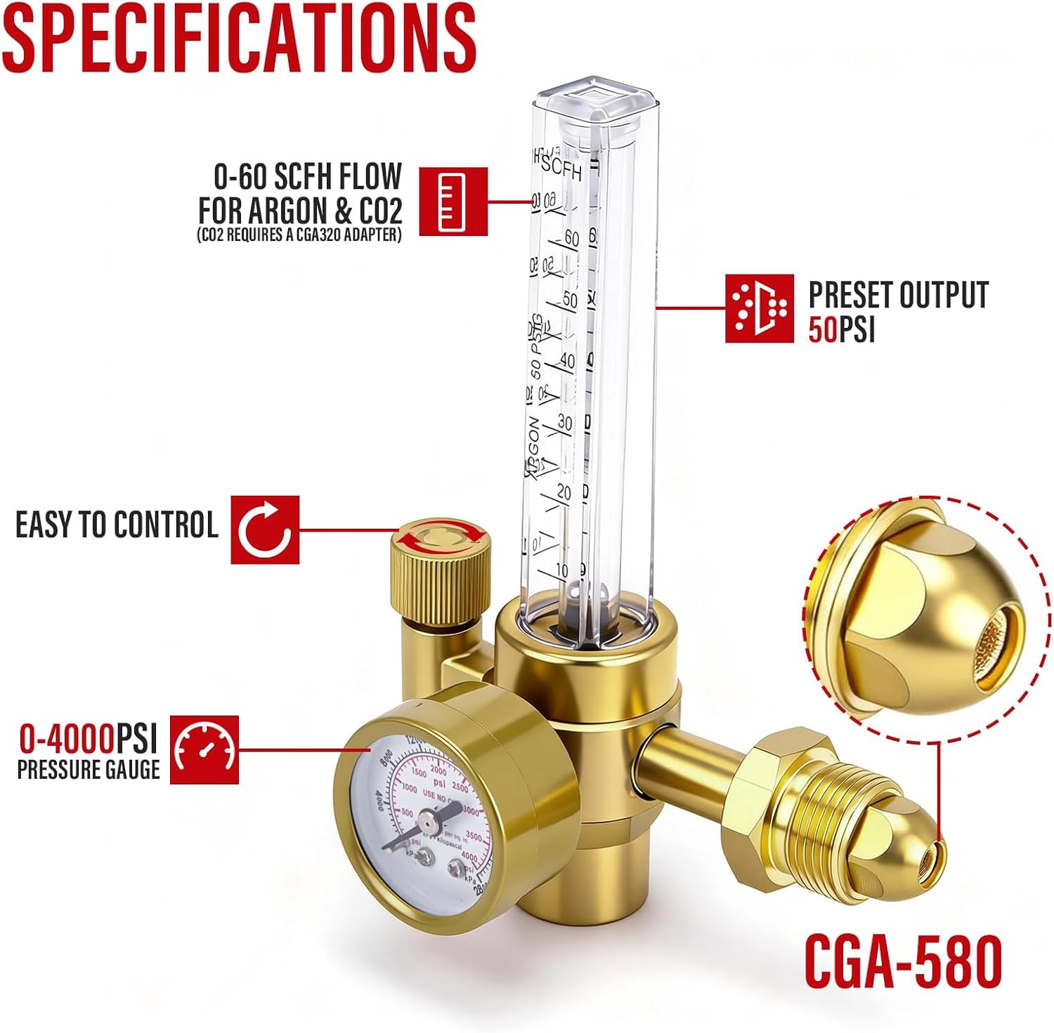 CO2 Argon Regulator Argon Flow Meter Gas Regulator Gauge for Mig Tig Weld with 10FT Gas Hose Welding