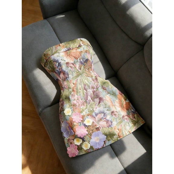 Multicolor Floral Print Strapless Mini Dress With 3D Flower Appliqués