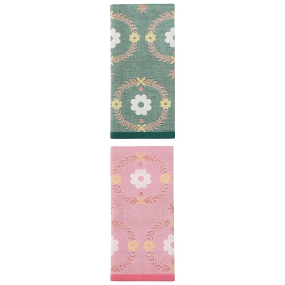 Unique Bargains Cotton Floral Jacquard Hand Towel Soft Absorbent Green/Pink 29" x 13"
