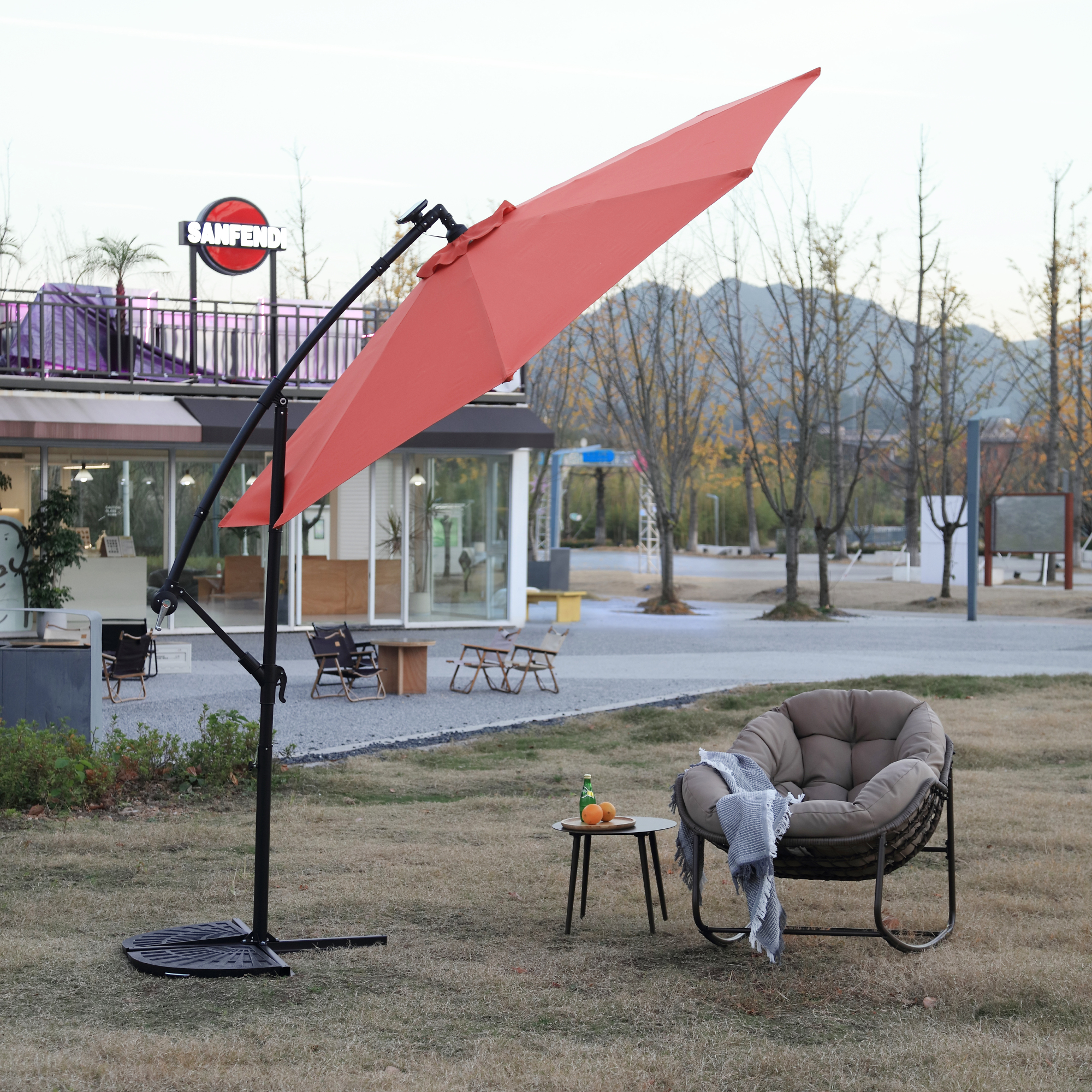 Leumius 10ft Solar LED Patio Umbrella, Offset Cantilever Outdoor Umbrella with 40 LED Lights, Infinite Tilt, 360 Degree Rotation, Crank Handle for Pool Deck Garden Backyard,Orange(No Base)