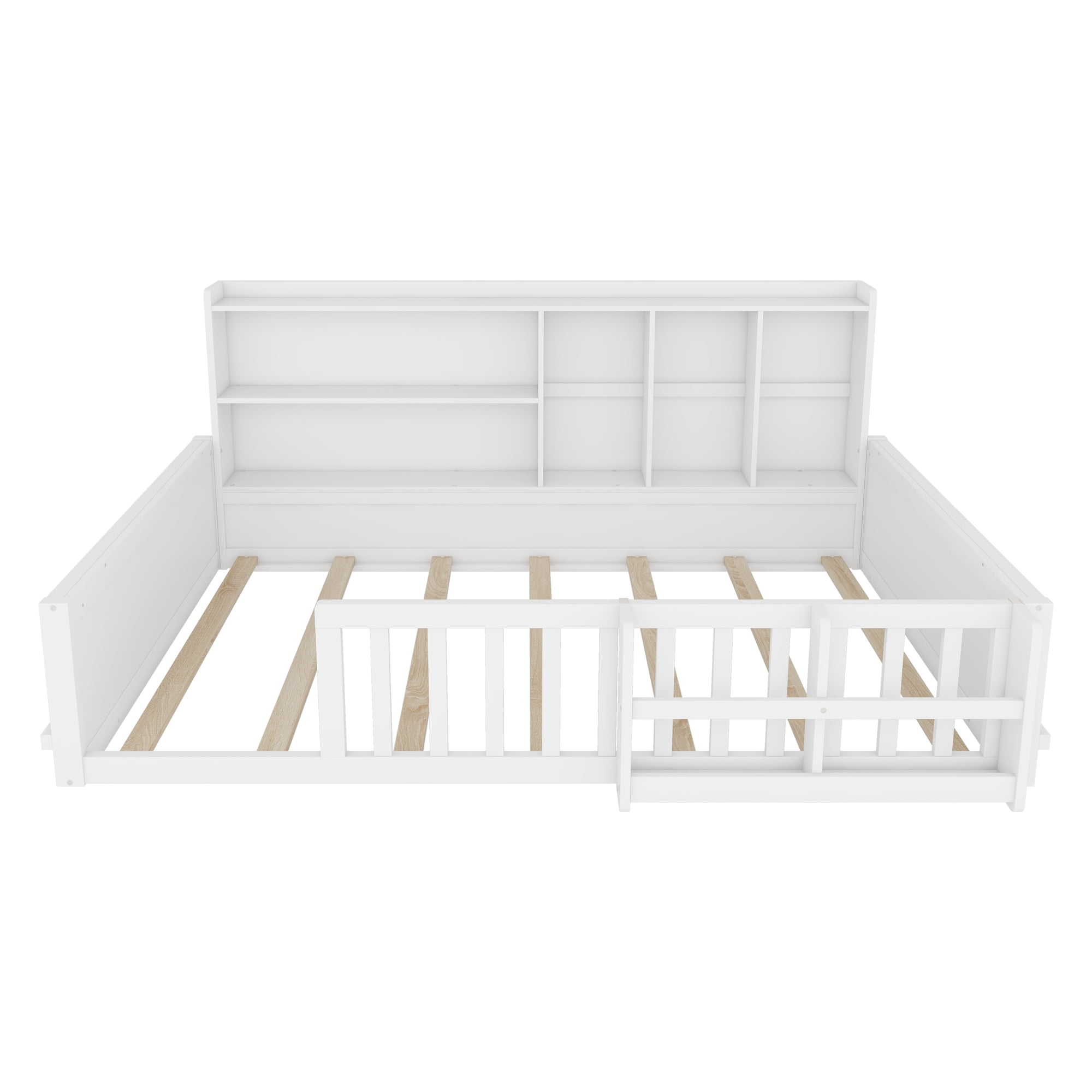 Mintazer Full Size Montessori Floor Bed with Bookshelf & Guardrails, Kids Platform Bed Frame with Storage Cubbies for Bedroom, White