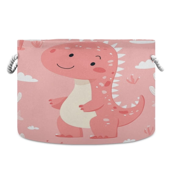 Round Toy Storage Basket Open Home Storage Bins Foldable Baskets for Toys, Laundry & Home Decor Cute Pink Dinosaur Pattern