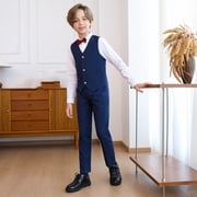 Boys Formal Suit 6 Piece Set Slim Fit Kids Tuxedo Suits for Wedding Teen Toddler Boy Dress Suit Outfit Navy 13-14 Years