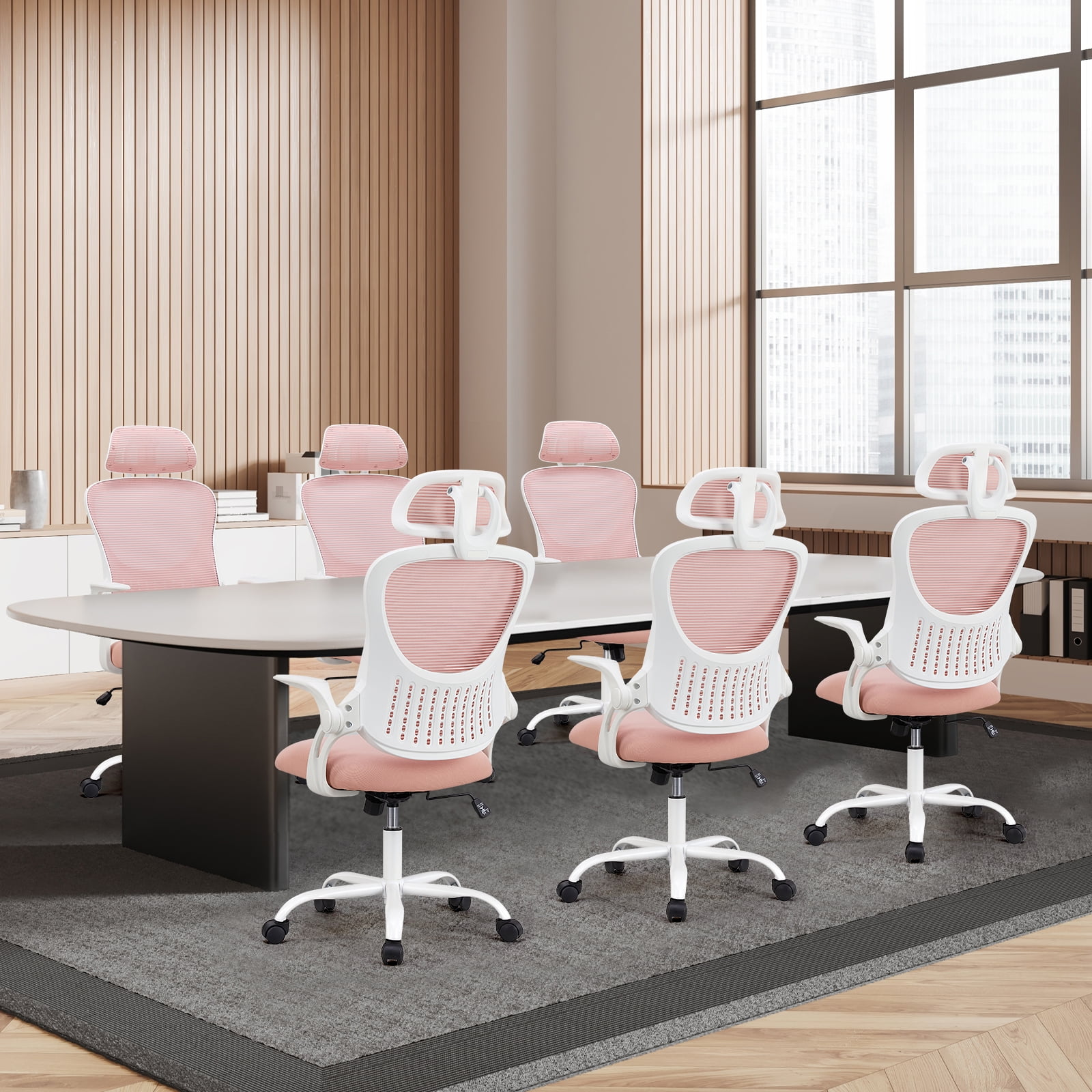 JIOABL Ergonomic Mesh Office Chair with Adjustable Lumbar Support, Flip-up Armrests, and Headrest for Customized Comfort – Pink