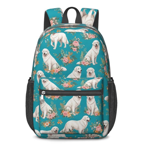 Great Pyrenees and Floral Blue Pattern 17" School Backpacks for Teens,Waterproof Oxford Fabric,S-Shape Padded Straps for School,Travel,Hiking,Camping
