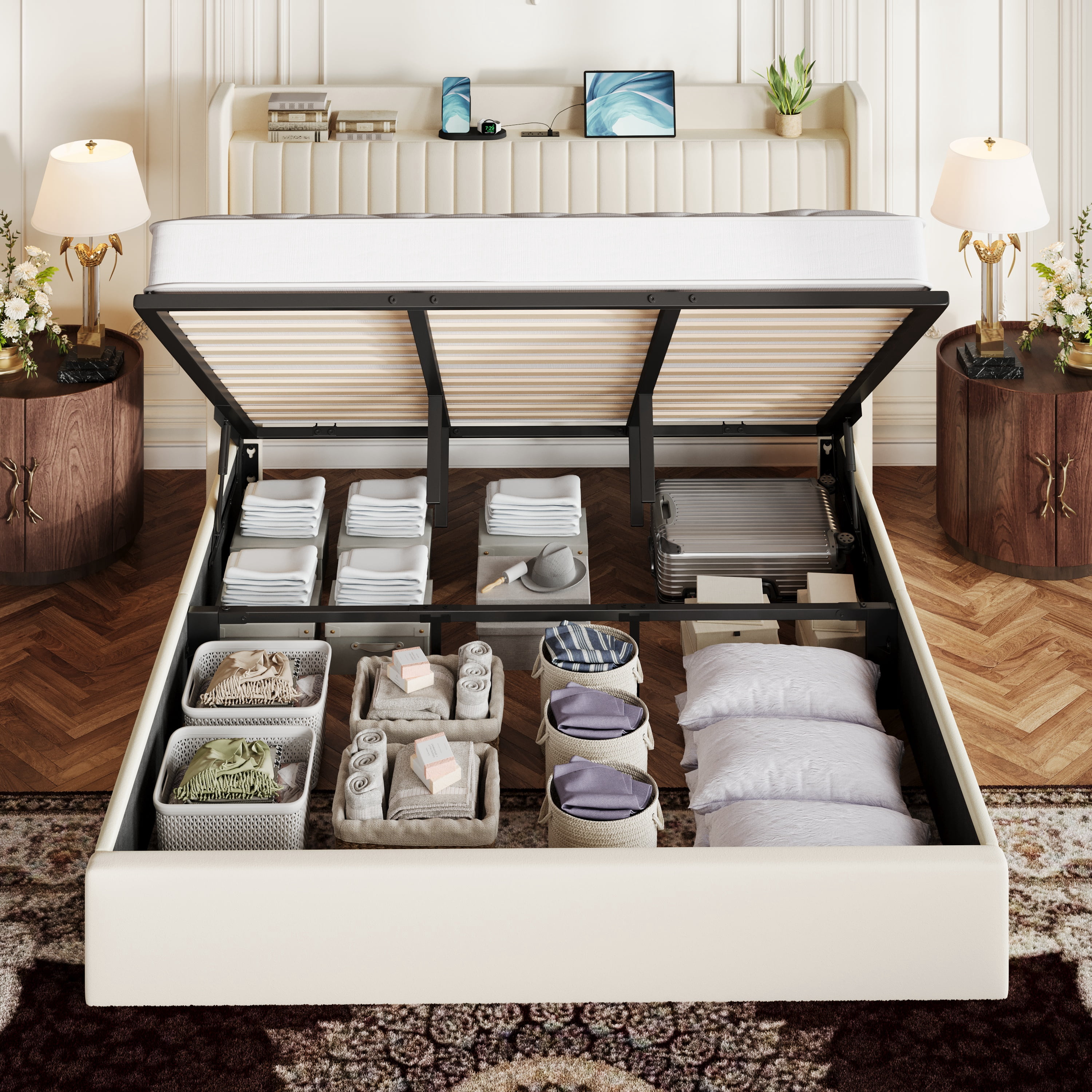 Amolife King Size Lift Up Storage Platform Bed Frame with Velvet Built-in Charging Station Wingback Headboard, Cream