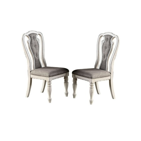 Vintage white dining chairs set of 2 with light grey fabric and button tufted back, used in dining room, solid wood