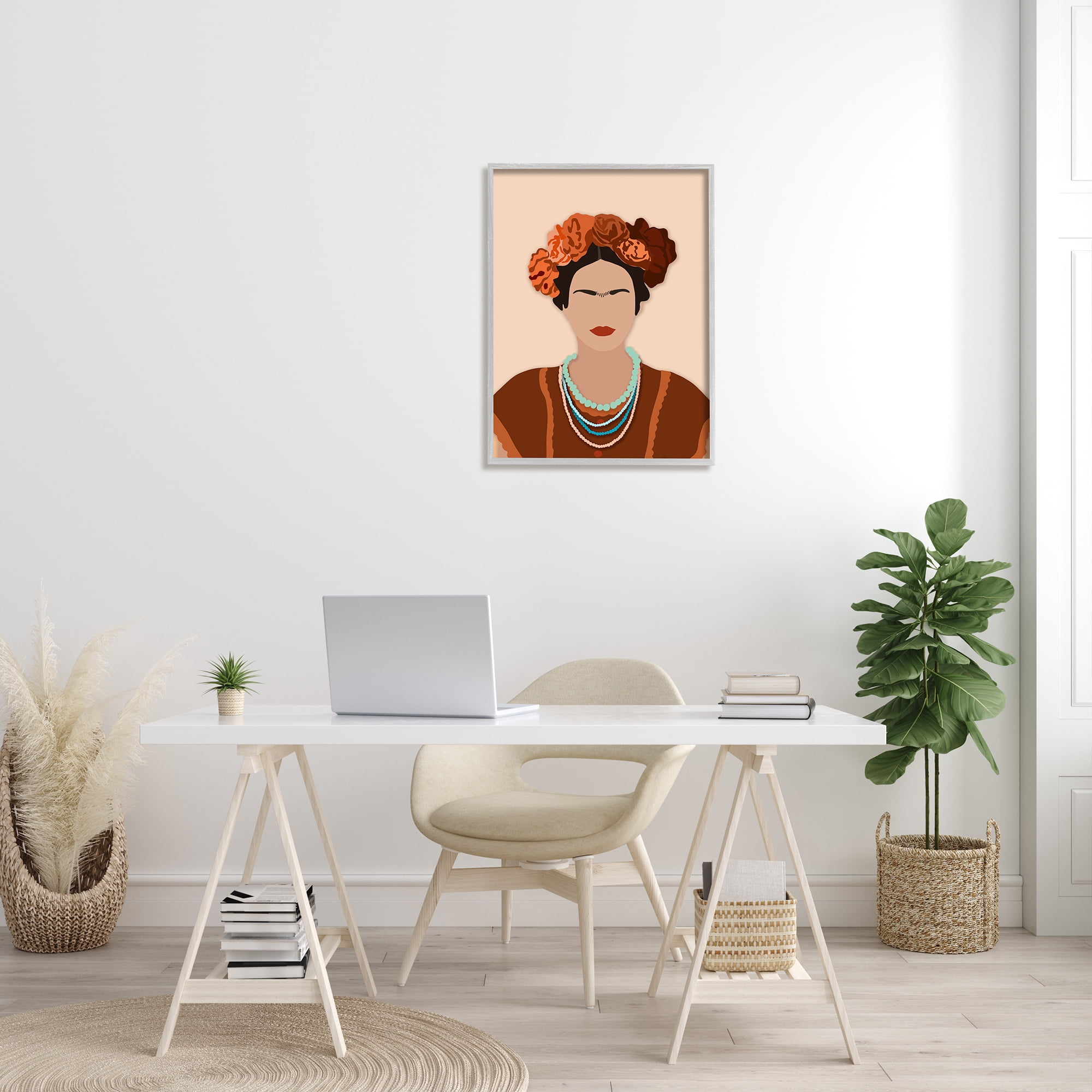 Stupell Home Décor Industries Frida Artist Portrait Orange Floral Blue Bead Necklace, 24 x 30, Designed by Ros Ruseva