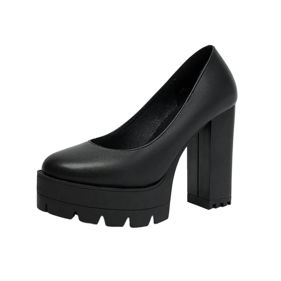 Gpaecead Women Glossy Platform Chunky High Heels Shoes Round Closed Toe Comfortable Work Party Dress Shoes, Black