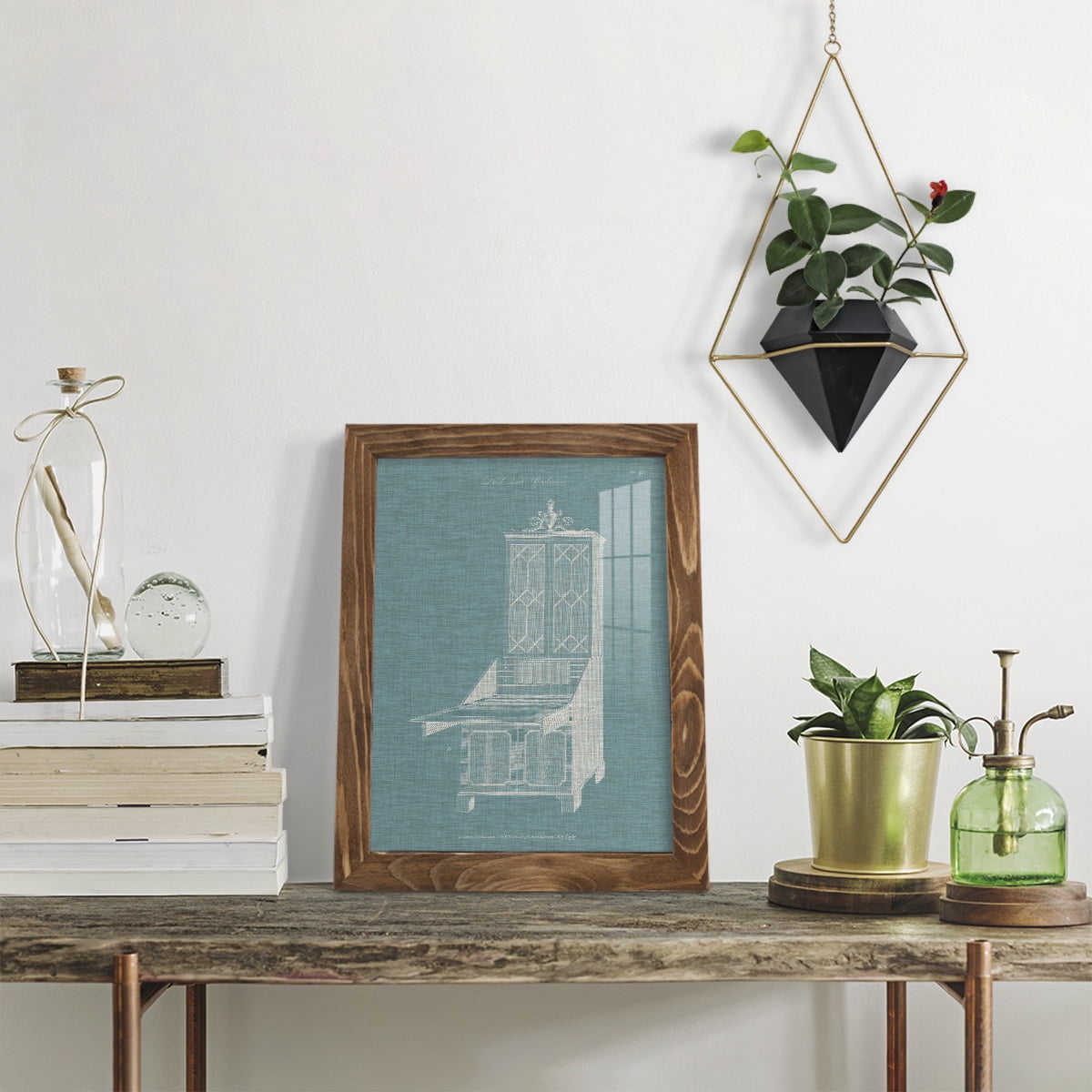 Hepplewhite Desk & Bookcase IV - Framed Print w/glass - Walnut