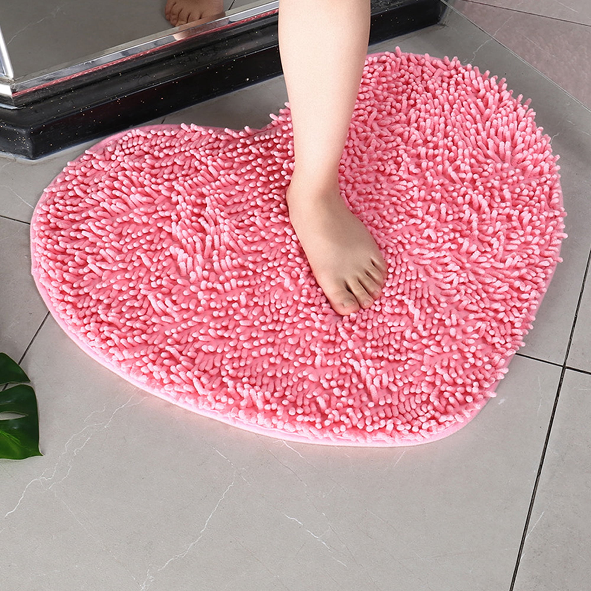 Unique Bargains Heart Shaped Chenille Bath Rugs Soft Shaggy Bath Mat Pink 28" x 32"