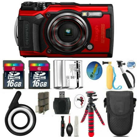 Olympus Tough TG-6 Digital Camera (Red) with Extra Battery | LED & More - 32GB Kit Bundle